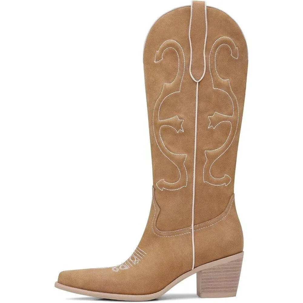 Women's Brown Mid Calf Cowgirl Pointed Toe Chunky Heel Fashion Cowboy Boots